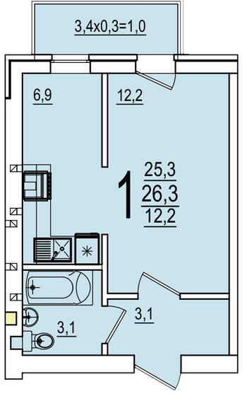 26,3 м², 1-комнатная квартира 3 717 780 ₽ - изображение 1