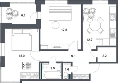 Квартира 65 м², 2-комнатная - изображение 1