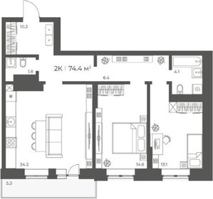 Квартира 74,4 м², 2-комнатная - изображение 1