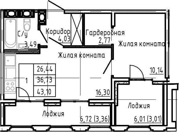 43,1 м², 1-комнатная квартира 24 515 000 ₽ - изображение 1