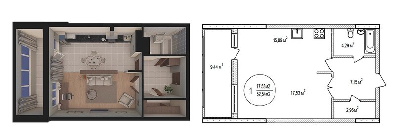 Квартира 52,5 м², 1-комнатная - изображение 1