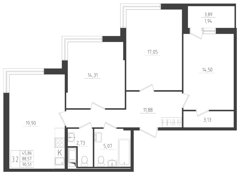 90,5 м², 3-комнатная квартира 14 934 150 ₽ - изображение 1