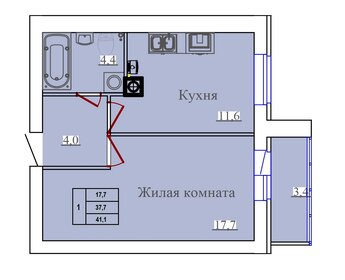 Квартира 41,1 м², 1-комнатная - изображение 1