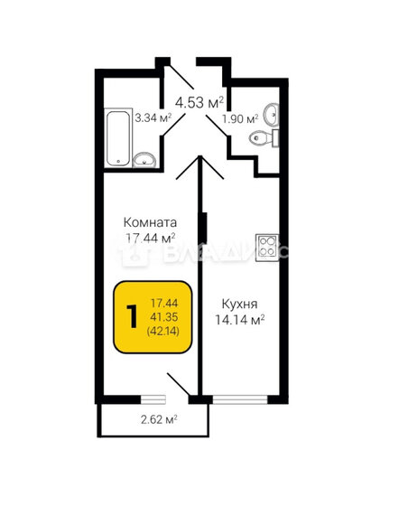 42,1 м², 1-комнатная квартира 4 172 000 ₽ - изображение 1