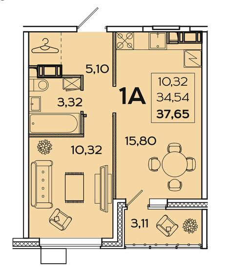 37,7 м², 1-комнатная квартира 3 200 000 ₽ - изображение 1
