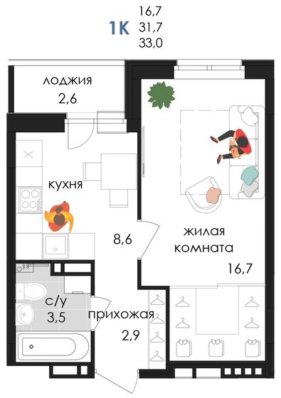 33 м², 1-комнатная квартира 4 932 093 ₽ - изображение 1