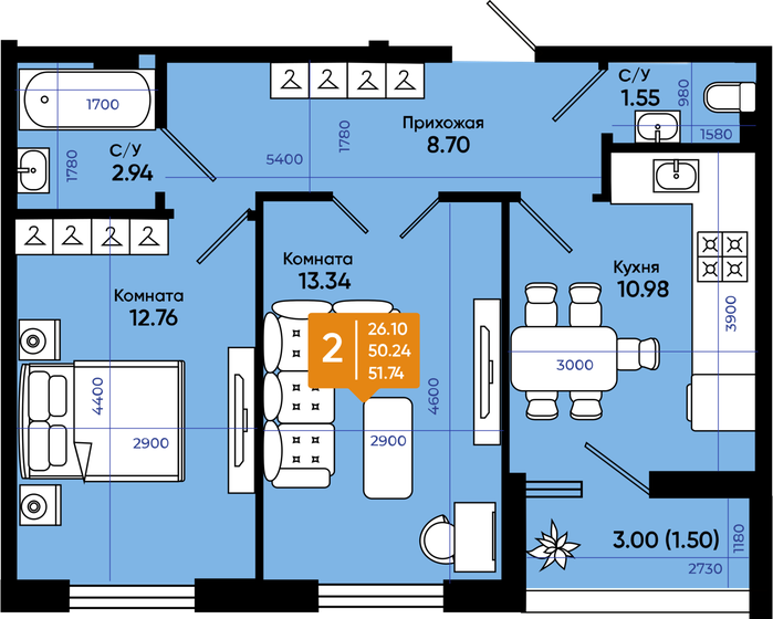 50,9 м², 2-комнатная квартира 5 293 600 ₽ - изображение 1