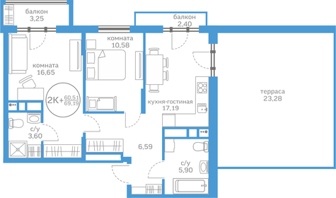 Квартира 60,5 м², 2-комнатная - изображение 1