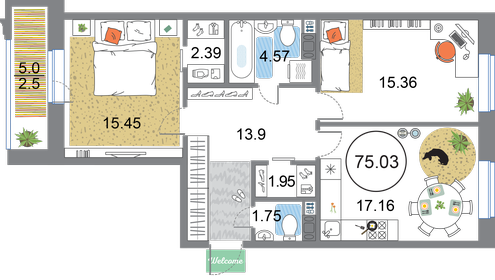 75 м², 2-комнатная квартира 21 000 896 ₽ - изображение 12