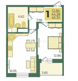 Квартира 46,3 м², 1-комнатная - изображение 1