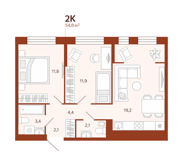 54,8 м², 2-комнатная квартира 7 025 000 ₽ - изображение 1