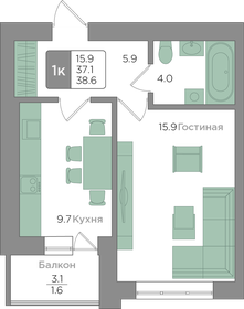 Квартира 37,1 м², 1-комнатная - изображение 1