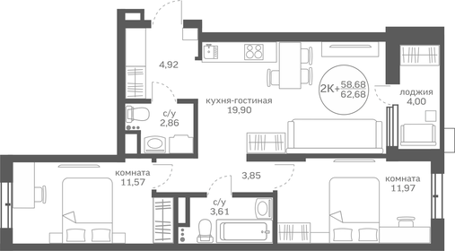 Квартира 58,7 м², 2-комнатная - изображение 1