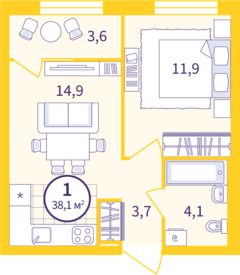 36,3 м², 1-комнатная квартира 5 180 000 ₽ - изображение 1