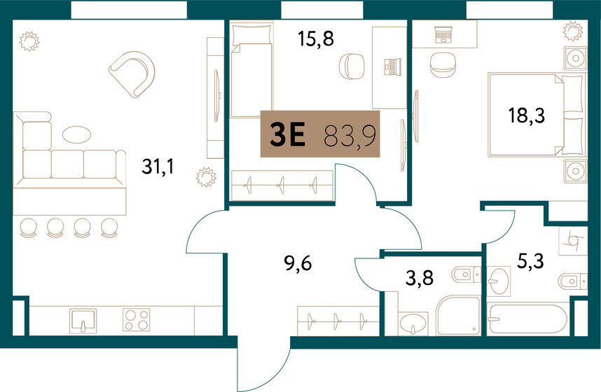 83,8 м², 3-комнатная квартира 48 759 256 ₽ - изображение 1