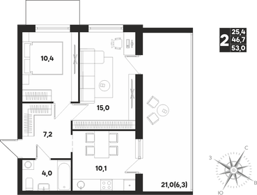 Квартира 53 м², 2-комнатная - изображение 1