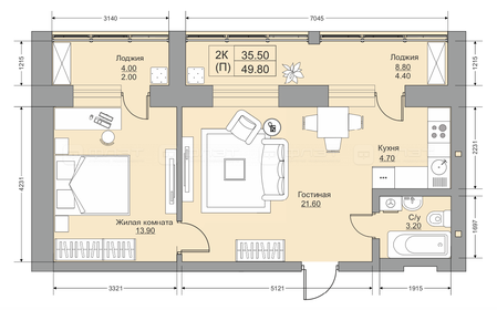 Квартира 49 м², 2-комнатная - изображение 1