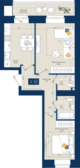 51,1 м², 2-комнатная квартира 6 079 710 ₽ - изображение 20