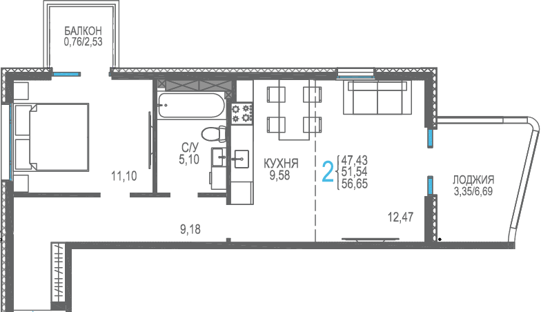 51,5 м², 2-комнатная квартира 10 565 700 ₽ - изображение 1