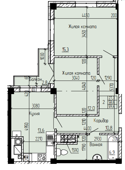 59,4 м², 2-комнатная квартира 4 520 000 ₽ - изображение 1