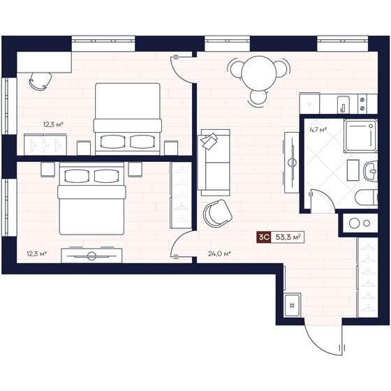 53,3 м², 3-комнатные апартаменты 7 700 000 ₽ - изображение 1