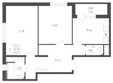 Квартира 63,7 м², 2-комнатная - изображение 1