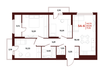 70 м², 3-комнатная квартира 4 550 000 ₽ - изображение 71