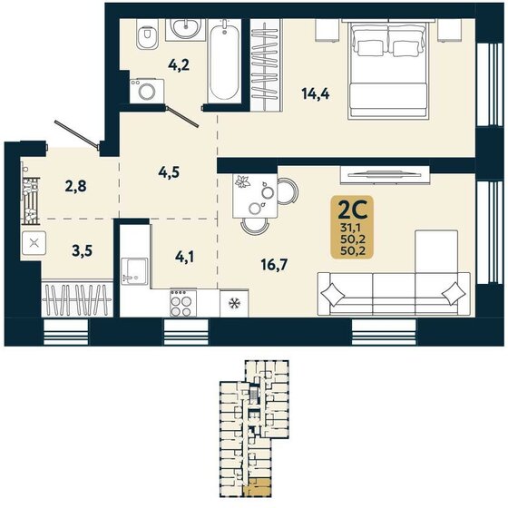 50,2 м², 2-комнатная квартира 7 366 900 ₽ - изображение 1