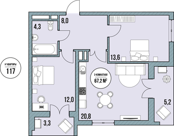Квартира 70,8 м², 3-комнатные - изображение 1