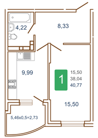 Квартира 42,3 м², 1-комнатная - изображение 1