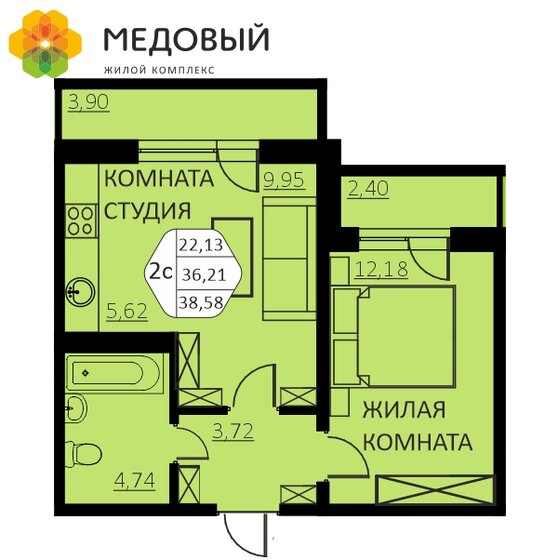38,6 м², 2-комнатная квартира 5 324 040 ₽ - изображение 1