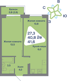 Квартира 41,6 м², 2-комнатная - изображение 1