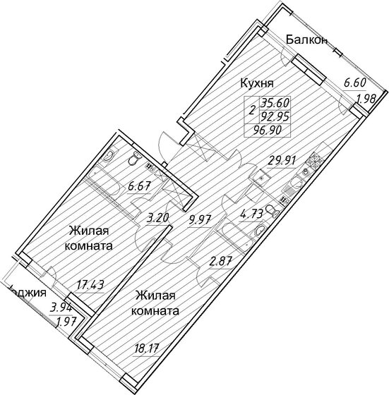 96,9 м², 2-комнатная квартира 21 805 000 ₽ - изображение 1