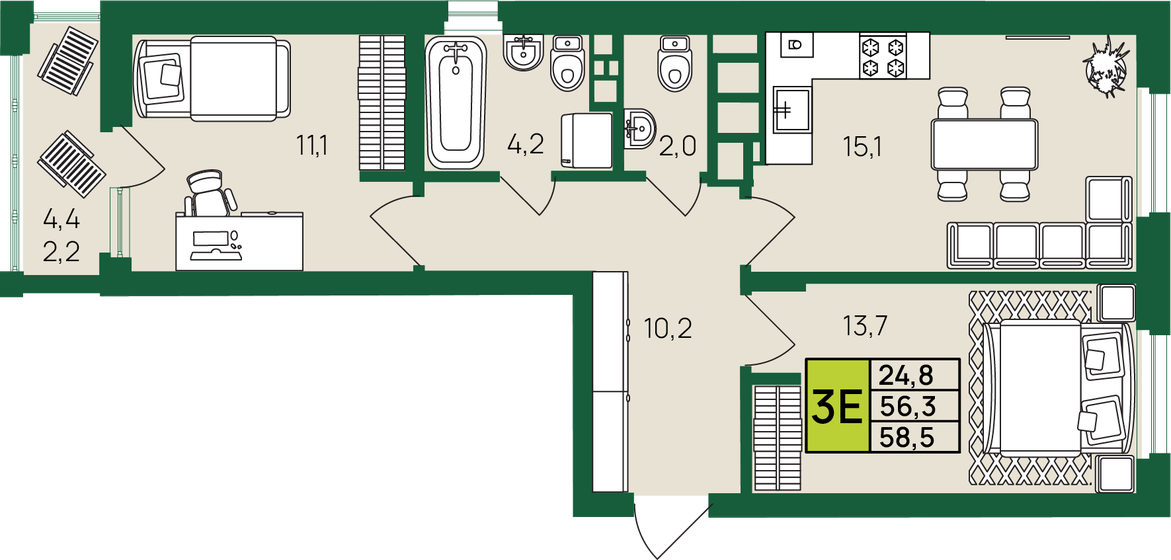 58,5 м², 3-комнатная квартира 6 418 750 ₽ - изображение 1
