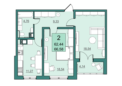 62,4 м², 2-комнатная квартира 5 307 400 ₽ - изображение 68