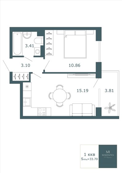 33,7 м², 1-комнатная квартира 7 350 000 ₽ - изображение 1
