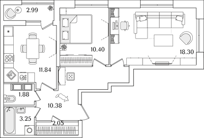 Квартира 59,6 м², 2-комнатная - изображение 1