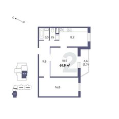 Квартира 61,8 м², 2-комнатная - изображение 2