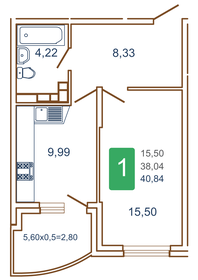 Квартира 42,4 м², 1-комнатная - изображение 1