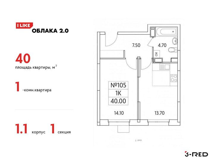 40 м², 1-комнатная квартира 9 536 863 ₽ - изображение 1