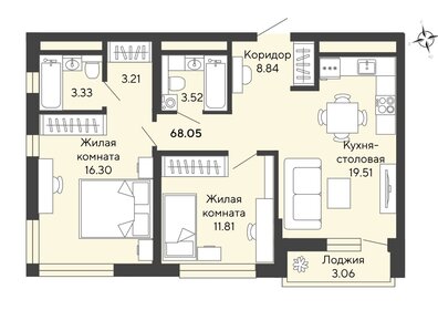 Квартира 68,1 м², 2-комнатная - изображение 1