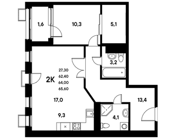 Квартира 62,9 м², 2-комнатная - изображение 1