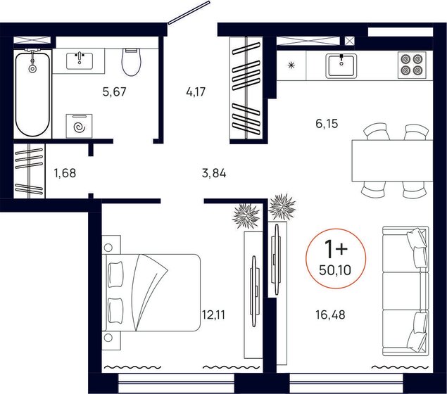 50,1 м², 1-комнатная квартира 6 501 000 ₽ - изображение 1