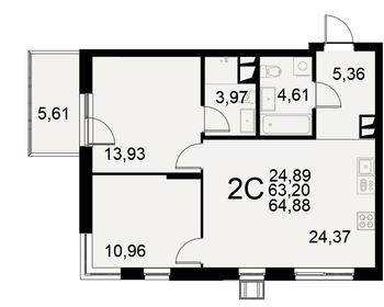 Квартира 64,9 м², 2-комнатная - изображение 1