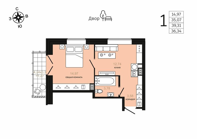 36,3 м², 1-комнатная квартира 7 995 240 ₽ - изображение 1