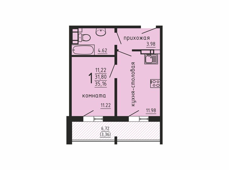 35,2 м², 1-комнатная квартира 3 590 000 ₽ - изображение 1
