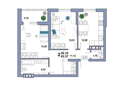 Квартира 63,4 м², 2-комнатная - изображение 1