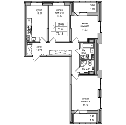 71,5 м², 3-комнатная квартира 15 176 260 ₽ - изображение 1