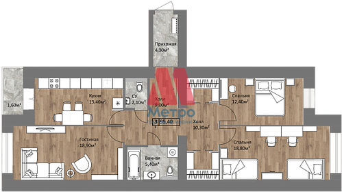 Квартира 95,4 м², 3-комнатная - изображение 1