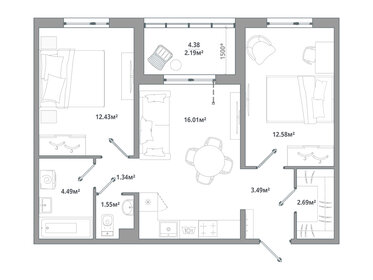 Квартира 56,8 м², 2-комнатная - изображение 1